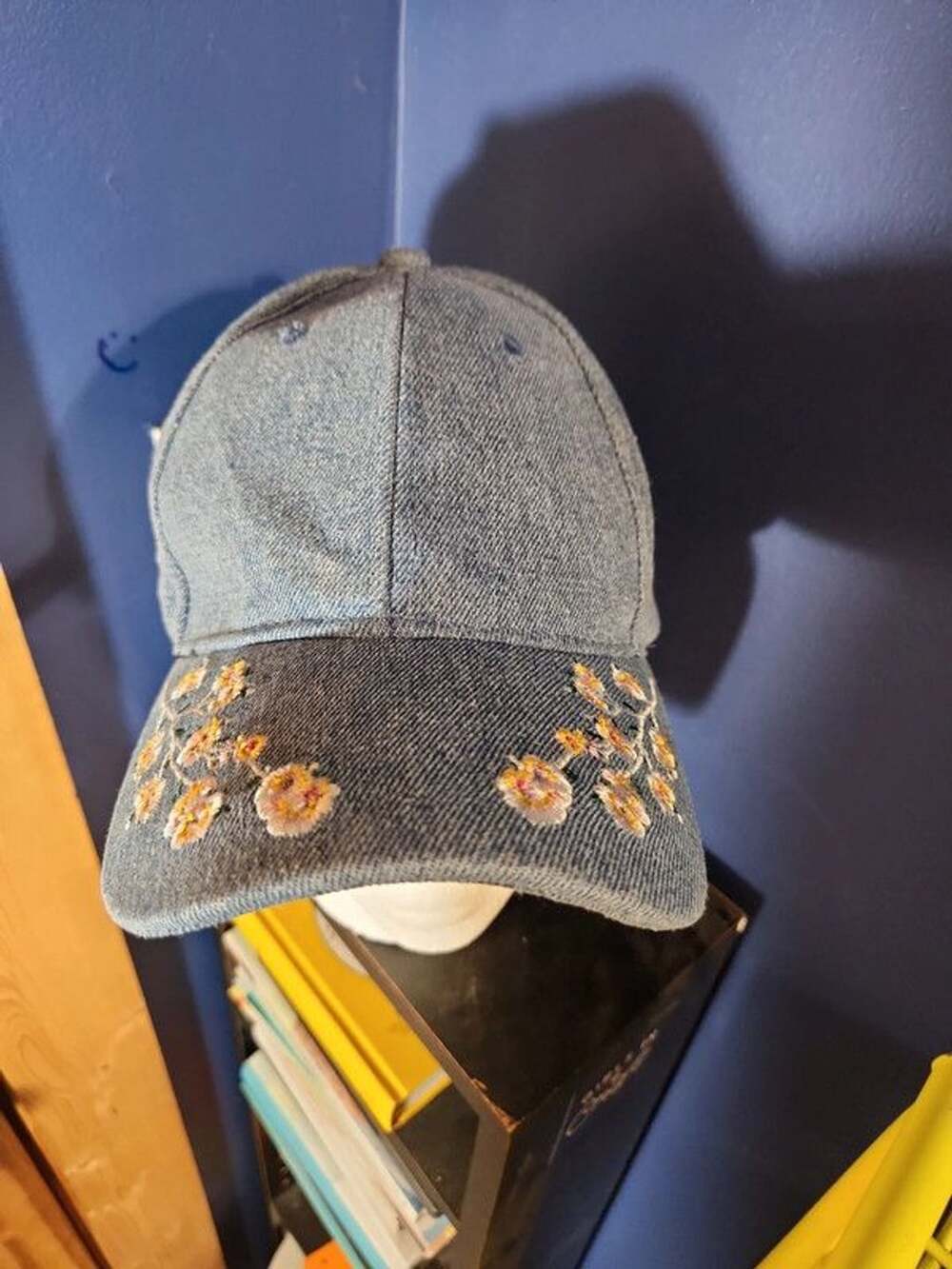 Vintage Washed Denim Floral Embroidered Baseball Cap - Pastel Wildflower Brim Su